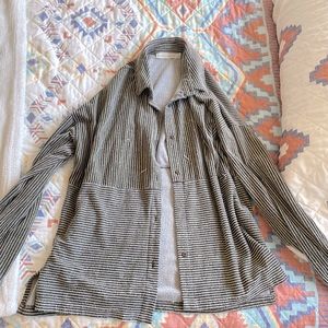 Green and White striped long sleeve cardigan/button up blouse, Size L